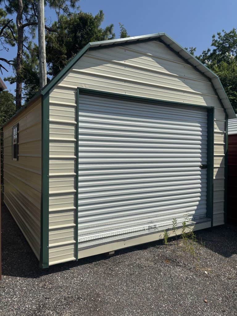 Durable metal storage shed with roll-up door, ideal for commercial or residential use, featuring secure construction and weather-resistant siding for optimal storage solutions.