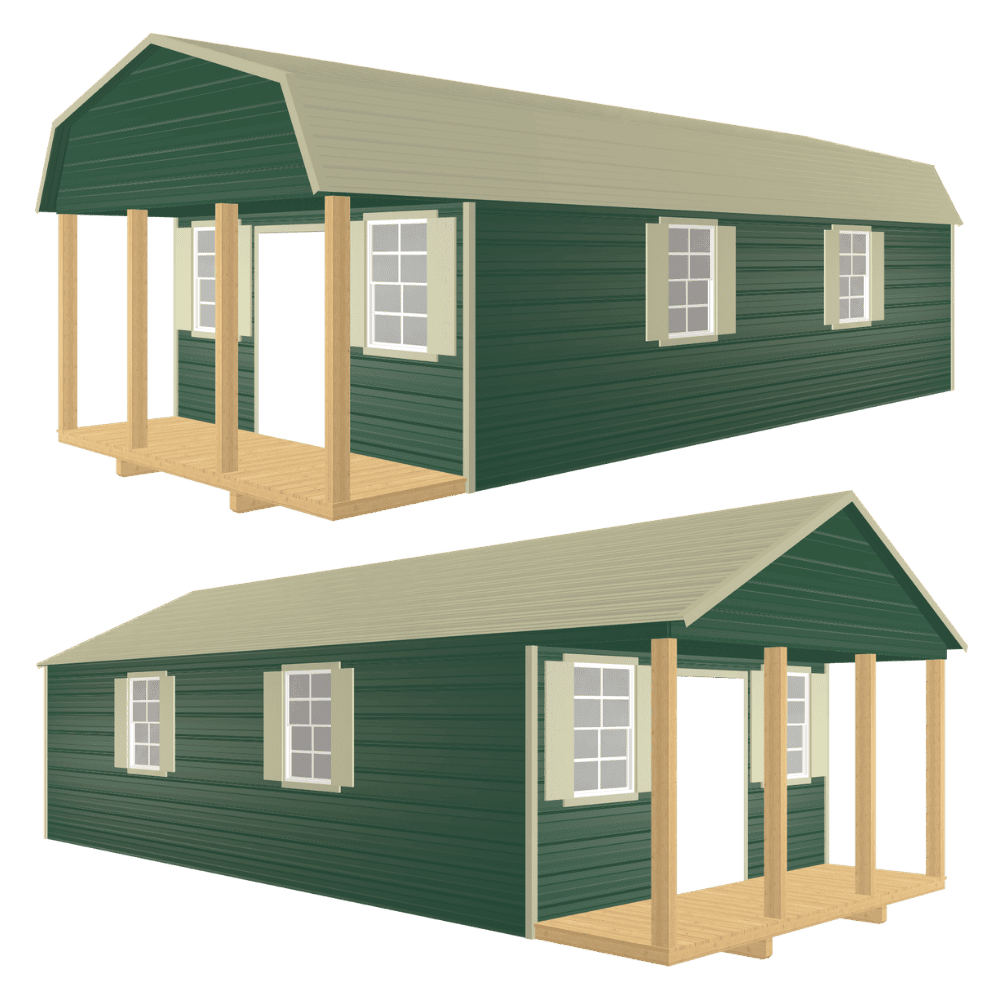 Green modular cabin with porch and windows, designed by GEMCO Buildings, Inc., showcasing durable construction and versatile design for various uses.