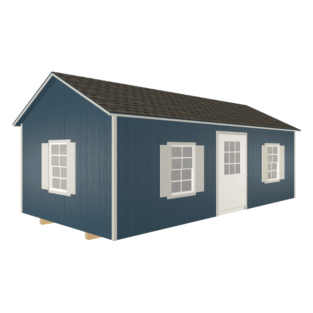 Small blue house with white window shutters and a white door, featuring a gable roof, set against a plain background.