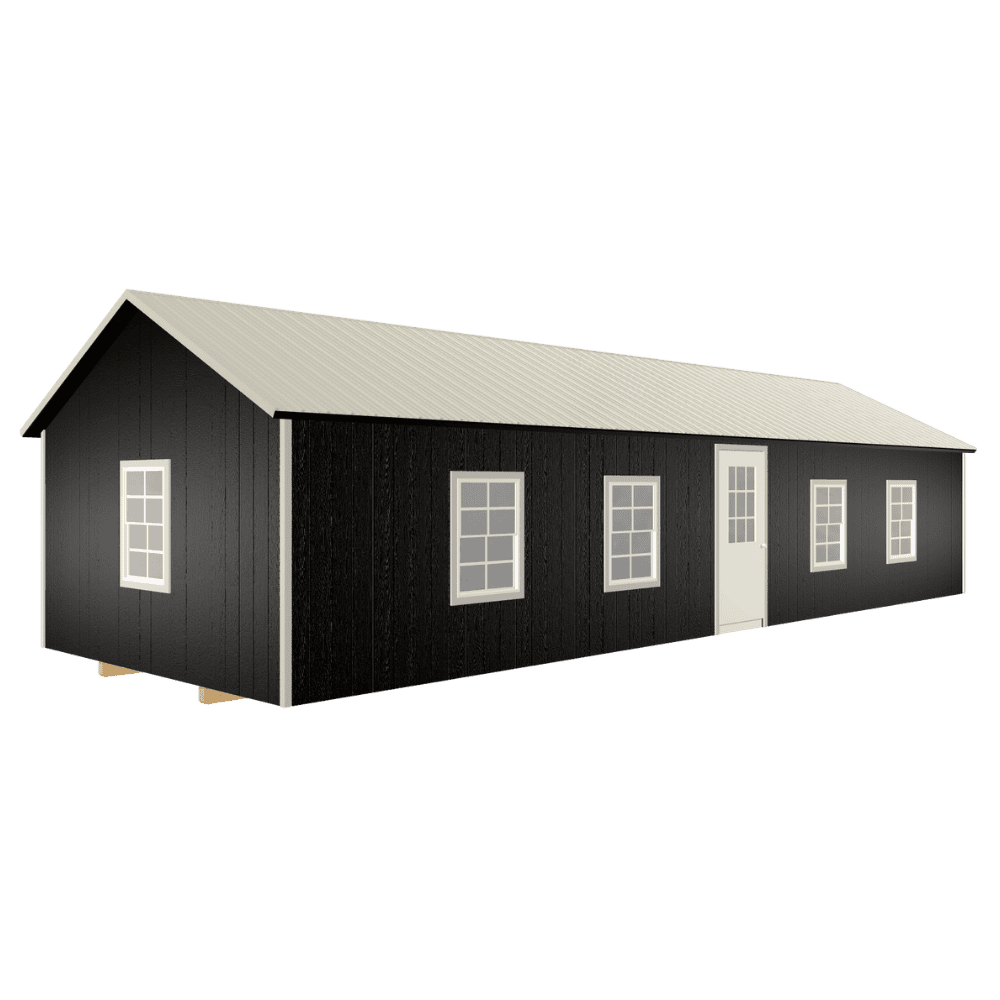 Black modular building with white window frames and a metal roof, designed for versatile use in construction or storage.