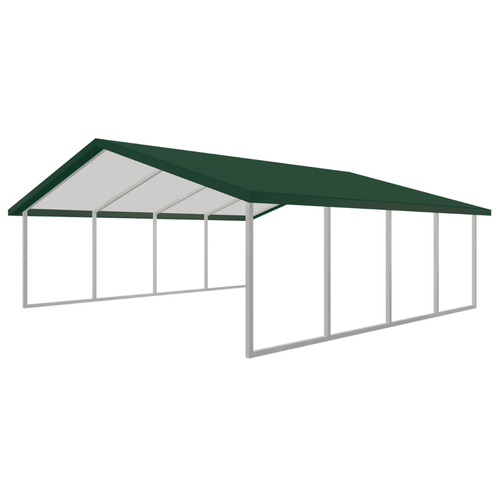 GEMCO Buildings carport with green roof and metal frame, ideal for vehicle protection and outdoor storage.