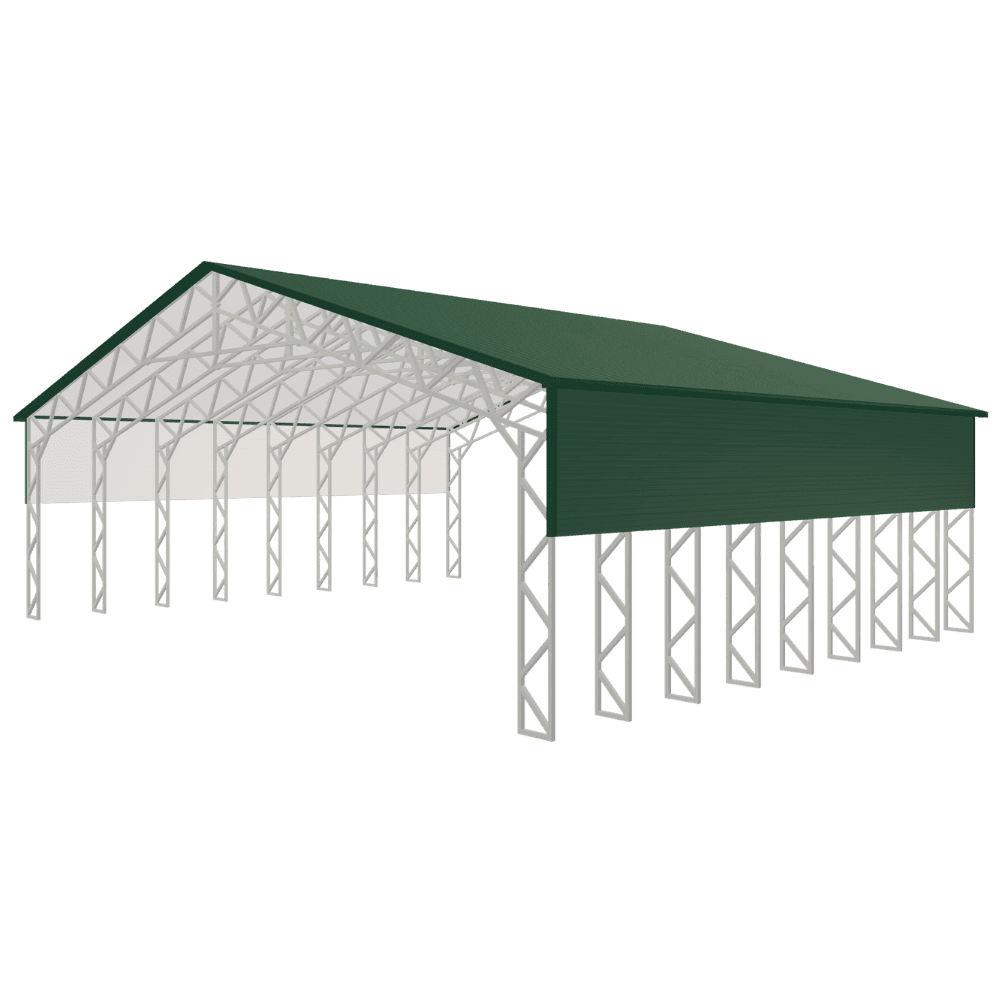 Steel-framed carport with green roof, open sides, and lattice support beams, ideal for vehicle protection and outdoor storage.
