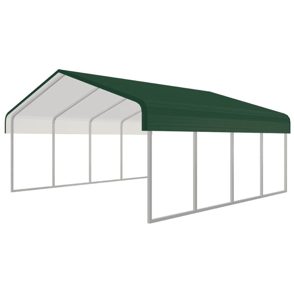 GEMCO Buildings, Inc. carport with metal frame and green roof, ideal for residential or commercial use.