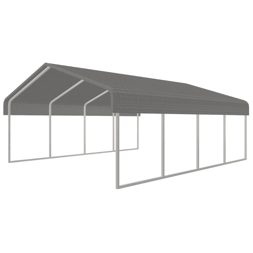Metal carport structure with a sloped roof, supported by vertical posts, designed for vehicle protection and outdoor storage.