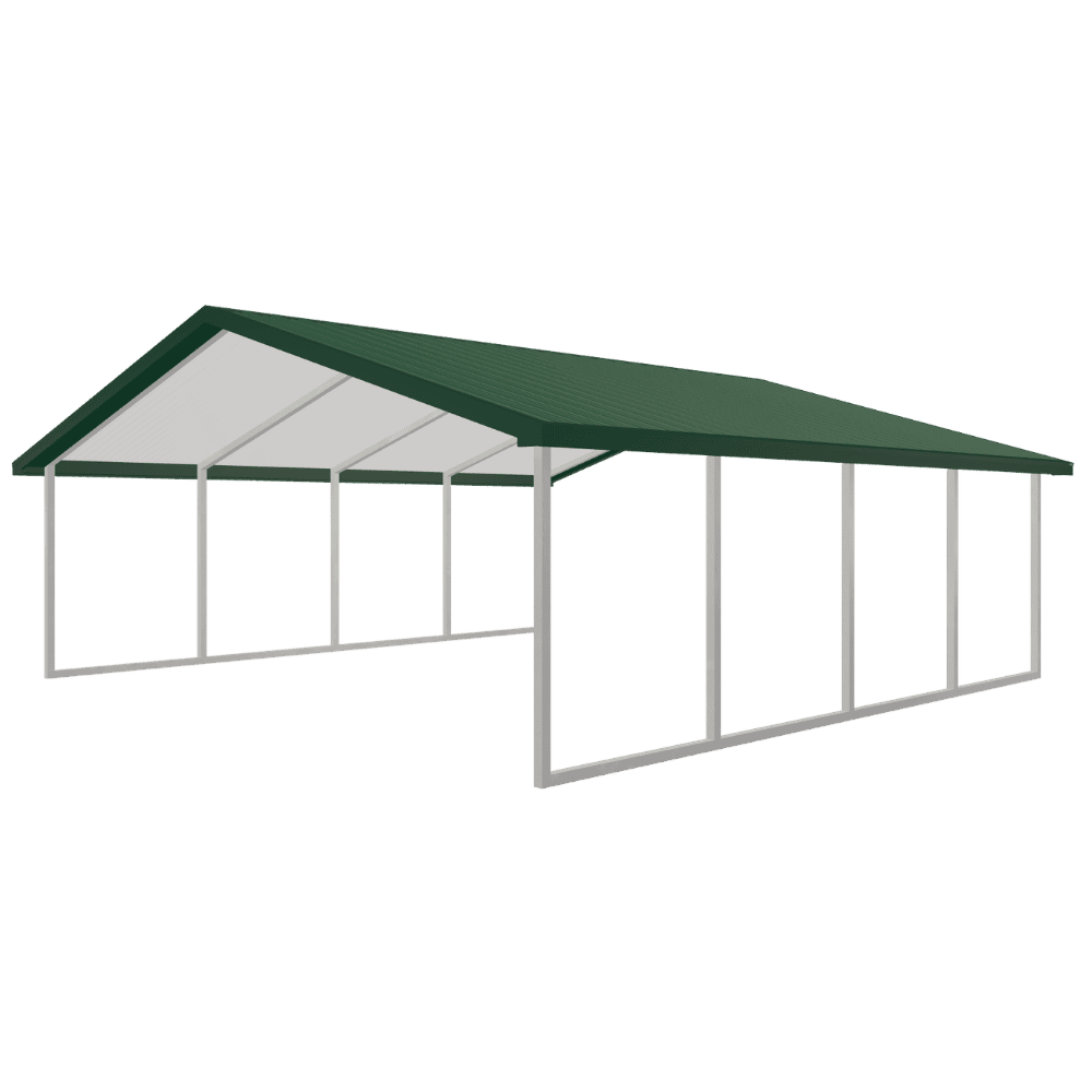 GEMCO Buildings, Inc. carport with green roof and white support beams, ideal for vehicle protection and outdoor storage.